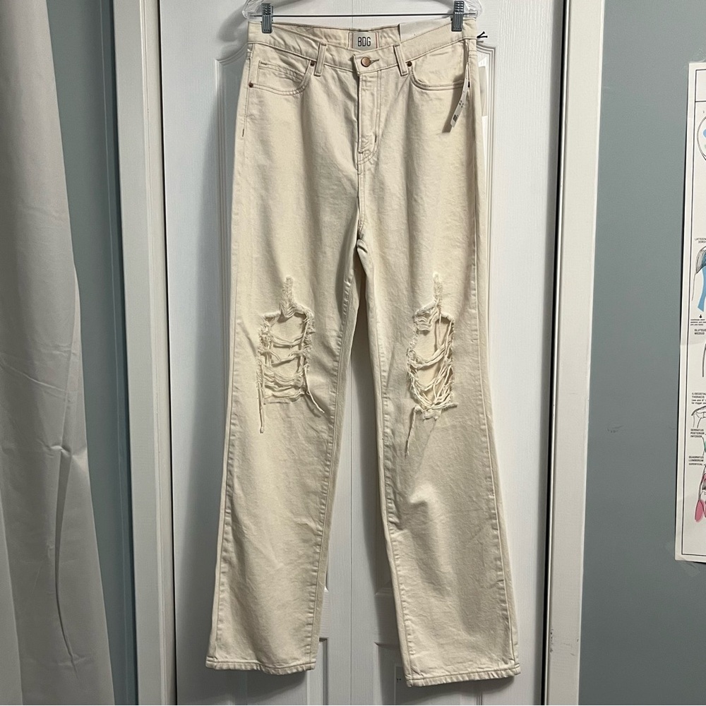 BDG Urban Outfitters High Rise Slim ripped denim jeans ivory distressed size 31